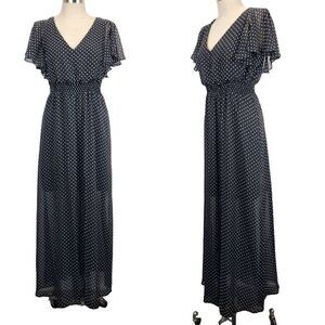 Eliza J. Polka Dot V-Neck Maxi Dress Size 8 Flutter Sleeve Black White Lined